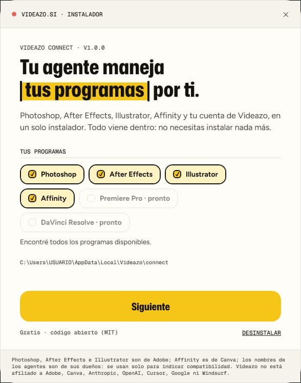 Ventana del instalador de Videazo Connect con los programas Photoshop, After Effects, Illustrator y Affinity seleccionados, y Premiere Pro y DaVinci Resolve marcados como próximamente
