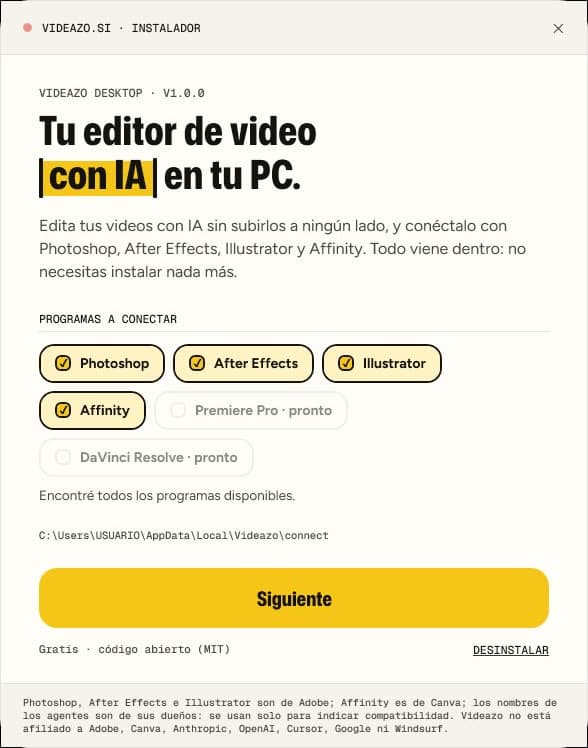 Ventana del instalador de Videazo Desktop: «Tu editor de video con IA en tu PC», con Photoshop, After Effects, Illustrator y Affinity seleccionados