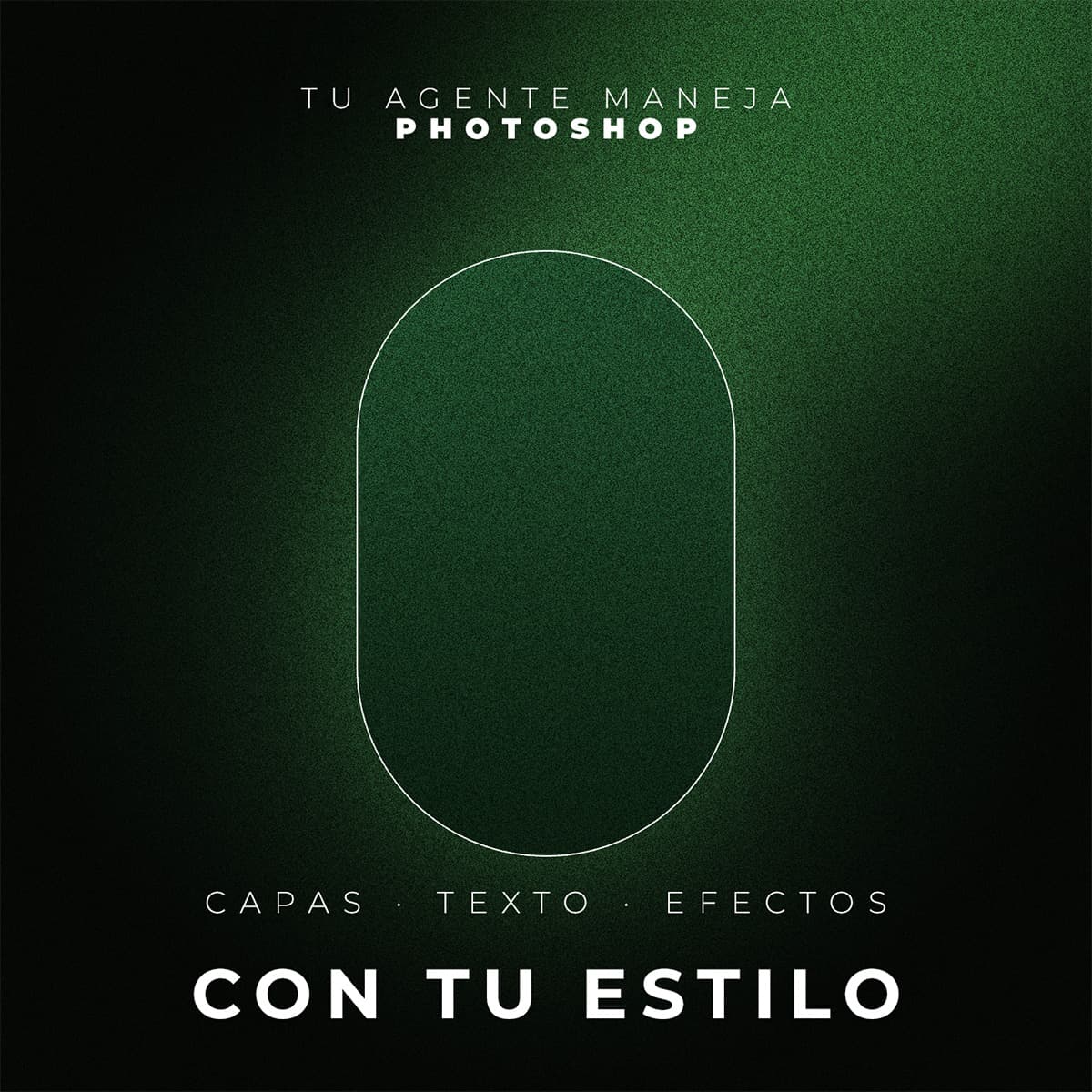 Diseño cuadrado hecho por un agente de IA con el MCP de Photoshop: fondo oscuro con luz verde, un arco con trazo fino y textos en Montserrat con mucho espaciado